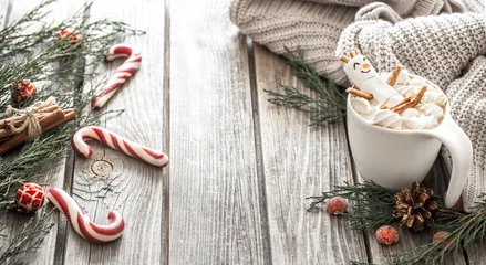 Gordijnen The concept of Christmas cocoa with marshmallows © puhimec