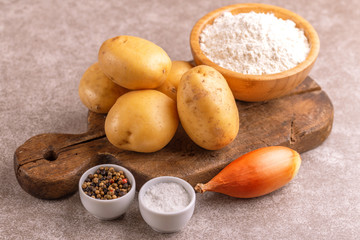 Ingredients for traditional potato pancakes or latke Hanukkah celebration