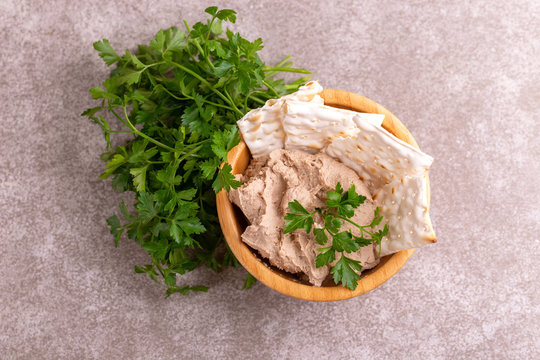 Pieces Of Matzah With Homemade Liver Pate And Parsley