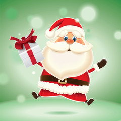 Santa Claus with gift box jumping up isolated on a green sparkle background,Christmas greeting card