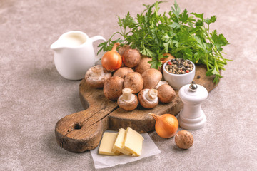 Fresh ingredients for tasty pureed mushroom soup. Healthy food