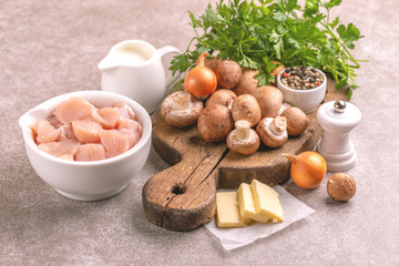 Fresh ingredients for tasty pureed mushroom soup. Healthy food