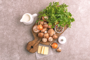 Fresh ingredients for tasty pureed mushroom soup. Healthy food