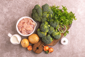 Fresh ingredients for tasty pureed broccoli soup. Healty food