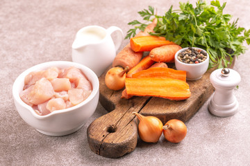 Fresh ingredients for tasty pureed carrot soup. Healthy food