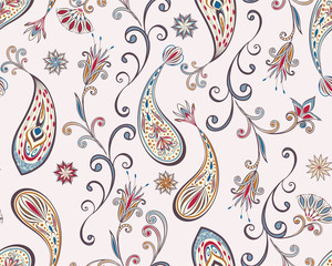 Abstract vintage pattern with decorative flowers, leaves and Paisley pattern in Oriental style.