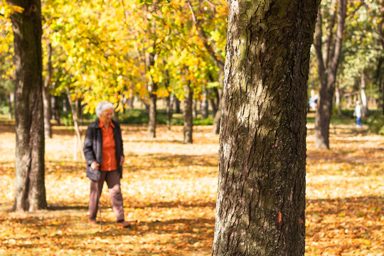Defocused grandmother walking in public park 