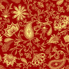 Abstract vintage pattern with decorative flowers, leaves and Paisley pattern in Oriental style.