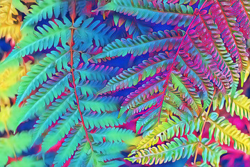 Summer forest fern leaf closeup. Forest floor psychedelic digital illustration. Multicolored fern leaves natural pattern