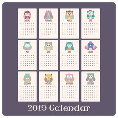 Colorful owl calendar for 2019