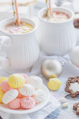 Marshmallow, cookies, meringues and different Christmas decorations