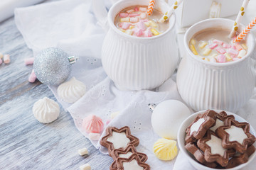 Marshmallow, cookies, meringues and different Christmas decorations