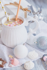 Marshmallow, cookies, meringues and different Christmas decorations