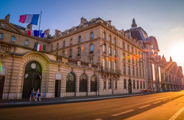Sunset view of D'Orsay Museum on left bank of Seine, Paris, France. - obrazy, fototapety, plakaty