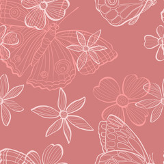 Seamless pattern with flowers and butterflies in sketch style. Monochrome illustration on pink background. Doodle.