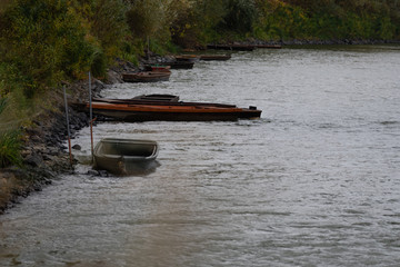 Fototapeta na wymiar Fishing boats on river Tisza in Hungary