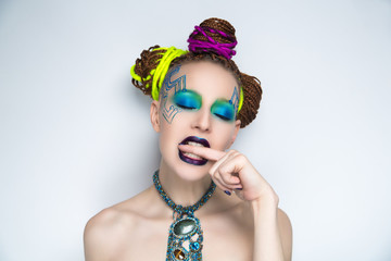 woman art make up lines motherboard painted