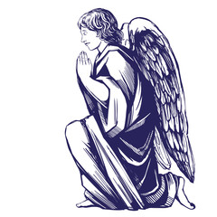 angel prays on his knees religious symbol of Christianity hand drawn vector illustration sketch