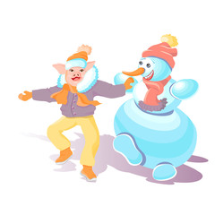 Pig dancing with a snowman