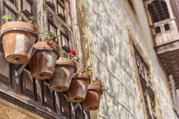 Pots placed in a window of the beautiful manor house Lercano in La Orotava, Tenerife
