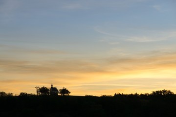 Chapel on the hill during sunrise. Czech Republic
