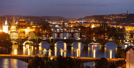Bridges over Danube in Prague at night, Czech Republic, aerial view