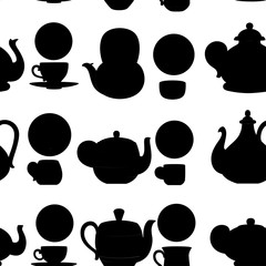 Fototapeta na wymiar Seamless pattern. Black silhouette. Vector set of teapots and cups with cute patterns. Tea-set cartoon style design. Flat vector illustration on white background