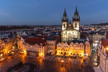 Fototapeta na wymiar Church of Our Lady in Prague, aerial view, night lights, Czech Republic