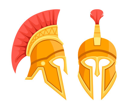 Bronze greek helmet. Spartan ancient armor. Red hair helmet. Flat vector illustration isolated on white background