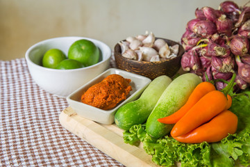 Fresh herbs and spices (chili, pepper, lettuce, lemon, cucumber, shallot)