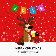 Merry Christmas card with cute funny reindeer with  beer glass on red  background with snowflakes.