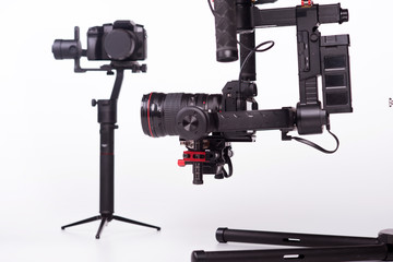 Sistem stabilization video camera and lens on steady equipment support such as gimbal steady or stabilized. White background