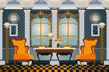 Home interior with chairs, table, columns, windows and pictures on the walls in the living room. Handmade drawing vector illustration. Retro furniture. The Art Deco Style. Flat Design.