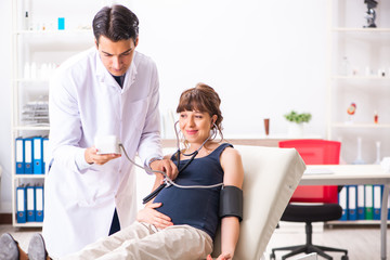 Fototapeta premium Young doctor checking pregnant woman's blood pressure