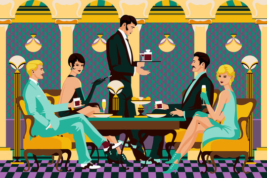 A group of people in a restaurant of the early 20th century. Retro party invitation card. Handmade drawing vector illustration. Art Deco style. Flat design.