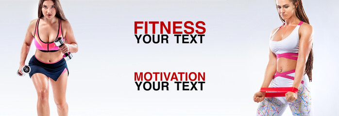Fitness women athlete with dumbbells and bands. Template, banner or poster for sport ads. White background.