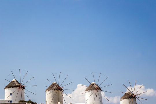 View of traditional greek windmills on Mykonos island, Cyclades, Greece