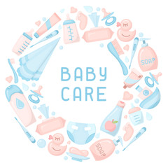 Baby hygiene elements.  Flat  style vector illustration. Baby care accessories. Suitable for advertising. There is place for your text