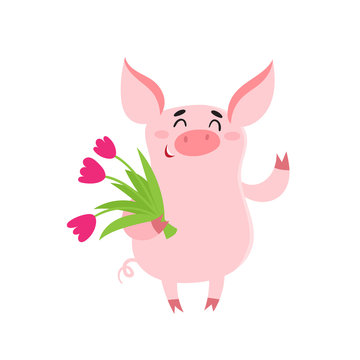 Cute pig girl with tulips flower isolated on white.