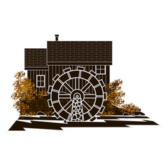Graphic brown moncromatic image of a water mill  with a circular reversed out mill wheel on a rolling river side view. © aroderick