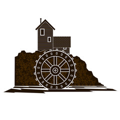 Water mill river side view textured moncrome image with a white rveresed out water wheel above a flowing river.