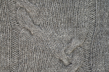 Gray knitted texture with a relief pattern. Handmade Knitwear. Background