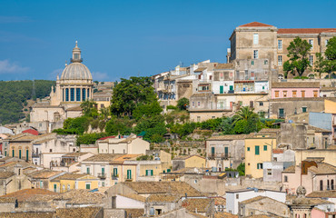 Fototapeta na wymiar Panoramic view of Ragusa Ibla with the dome of the San Giorgio Duomo. Sicily (Sicilia), southern Italy.