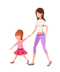 Mother and daughter. Girl walking with mom, holding hands. No face character design. Flat cartoon vector illustration isolated on white background