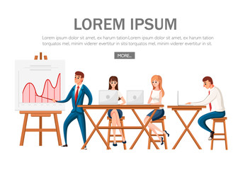 Office presentation. Conference hall with planning board and wooden desk and chairs. People work with laptops. Cartoon character design. Flat vector illustration on white background