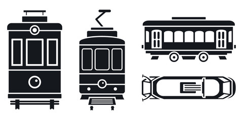 Naklejka premium Zestaw ikon samochodów tramwajowych. Prosty zestaw tramwajowych samochodów wektorowych ikon do projektowania stron internetowych na białym tle