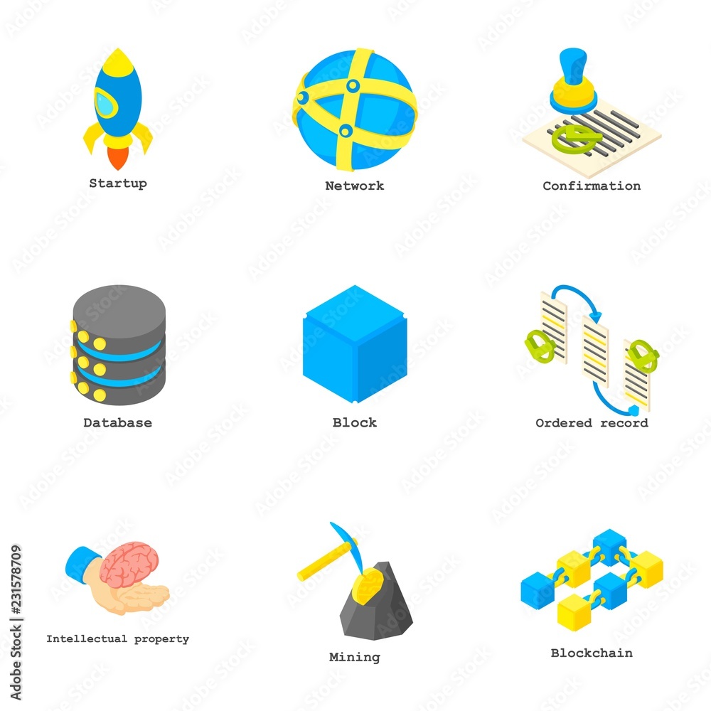 Poster coin mining icons set. isometric set of 9 coin mining vector icons for web isolated on white backgro