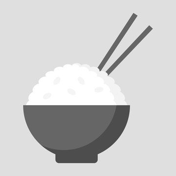 Simple, flat bowl of rice icon. Chopsticks sticking out. Isolated on light grey