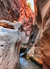Kanarraville Falls, views from along the hiking trail of falls, stream, river, sandstone cliff formations Waterfall in Kanarra Creek Canyon by Zion National Park, Utah, USA.