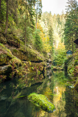 Fototapeta na wymiar Picturesque view of Hrensko national Park, situated in Bohemian Switzerland, Czech Republic 